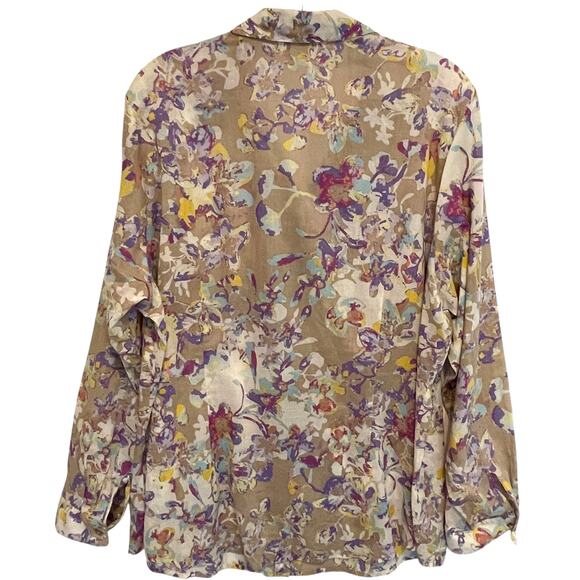 Coldwater Creek No Iron Button Top Womens Size 2X Tan Watercolor Floral Shirt - Picture 4 of 8